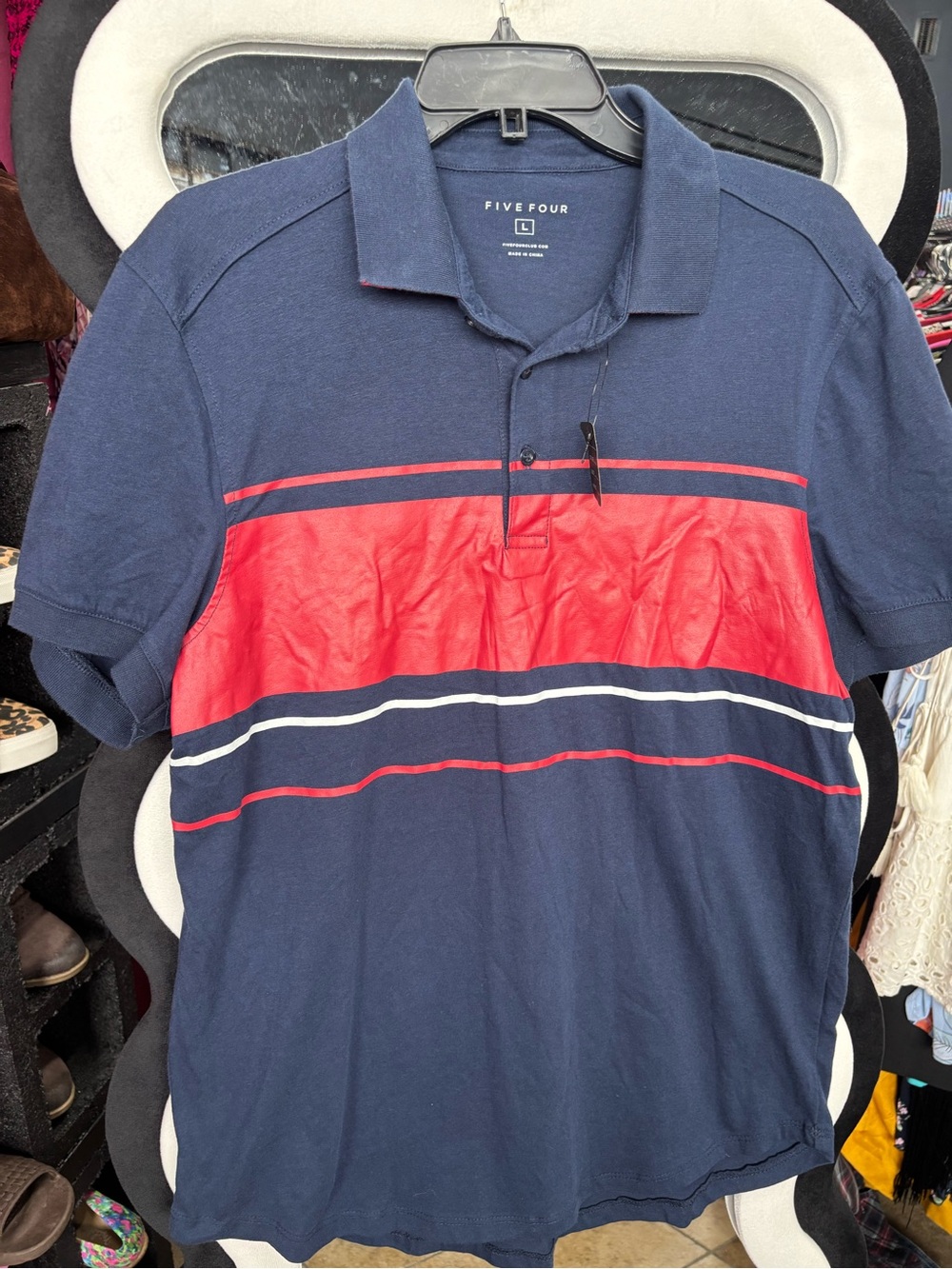 Five Four Navy Polo with Red and White Stripes